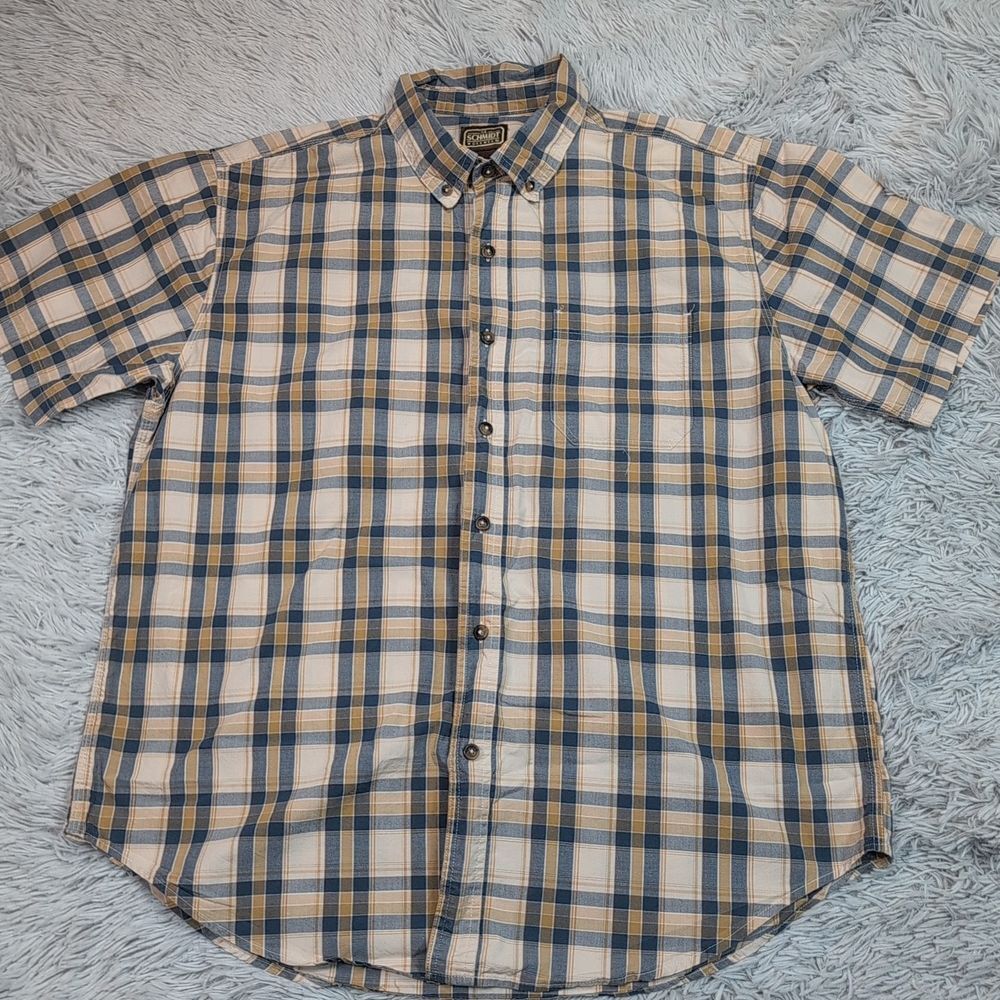 C.E. Schmidt Shirt Mens‎ XL Biege Plaid Chore Pocket Button Up Workwear